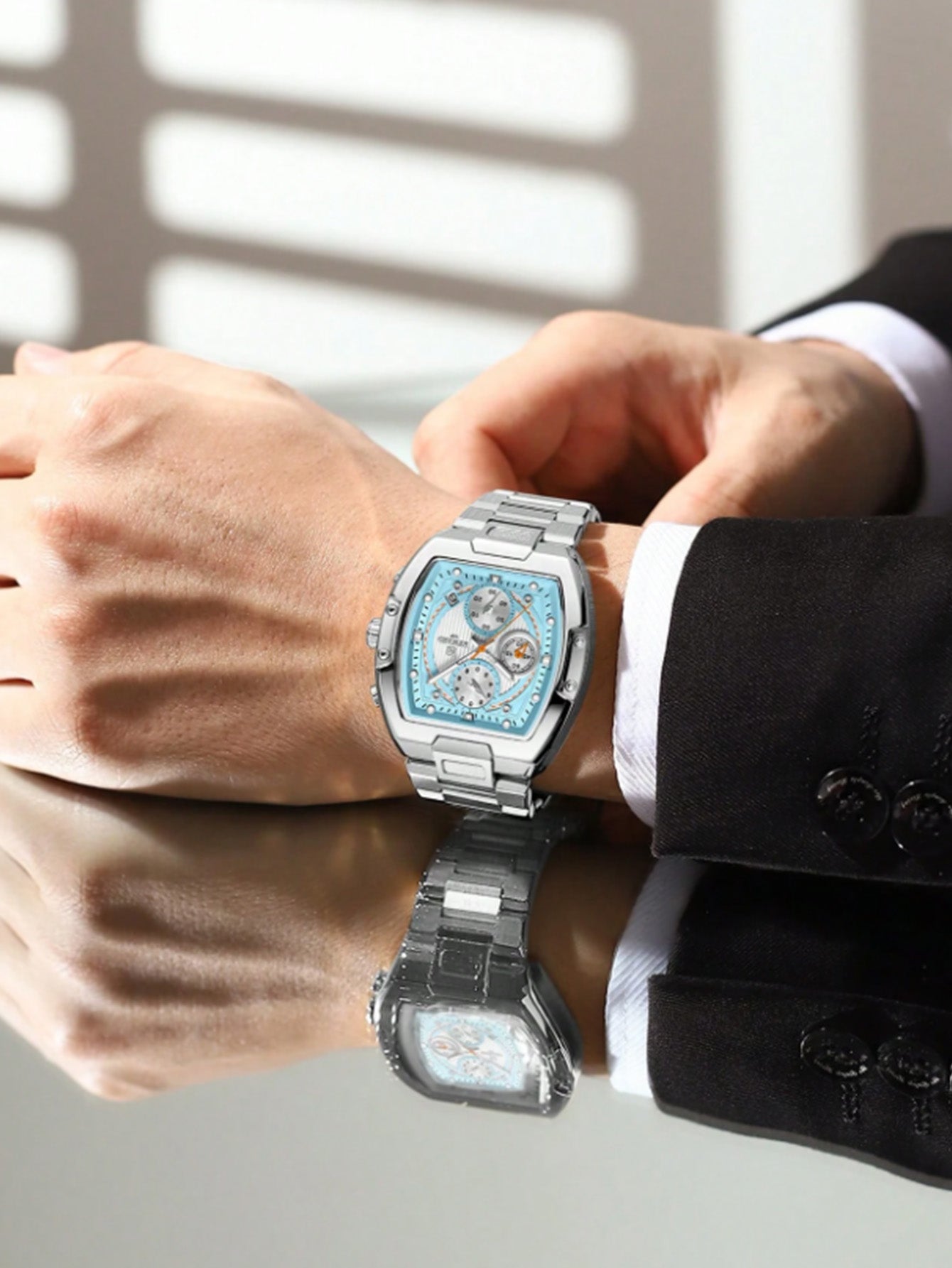 Relógio Cronógrafo Lige Azul Quadrado Pulseira Aço Subdials Esportivos