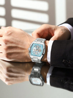 Relógio Cronógrafo Lige Azul Quadrado Pulseira Aço Subdials Esportivos