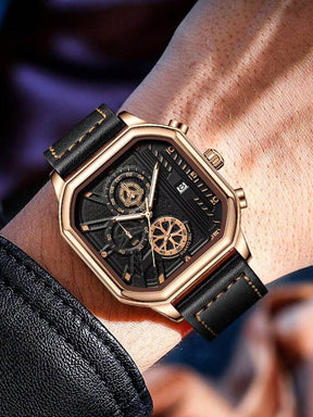 Relógio Dourado Caixa Octogonal Cronógrafo Luxo