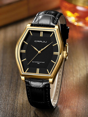 Relógio Caixa Hexagonal Dourado Couro Preto