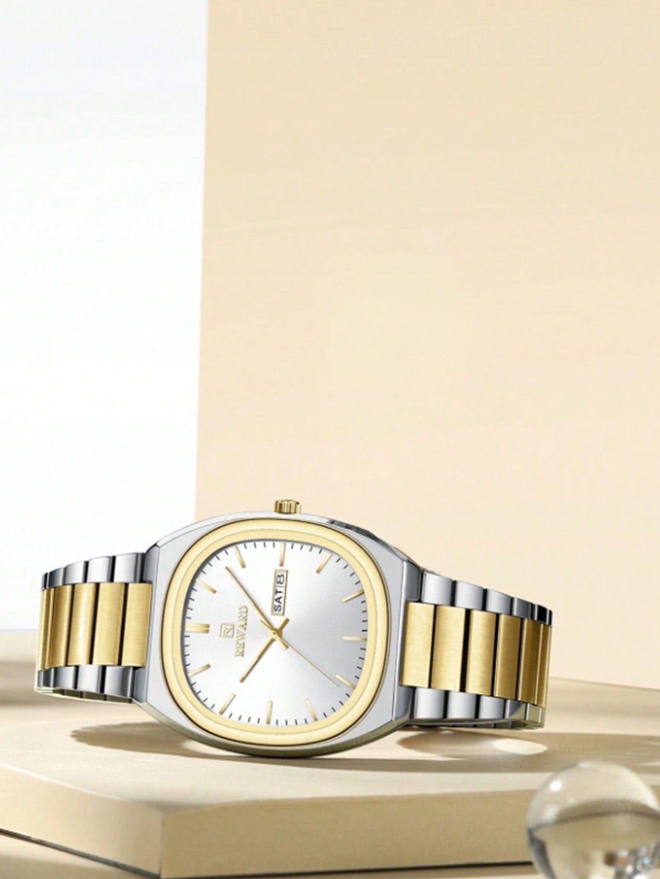 Relógio Quartz Megir Quadrado Prata Ouro Pulseira Bicolor Data Elegante