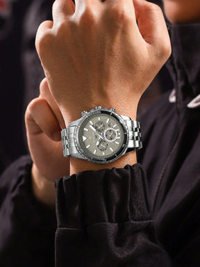 Relógio Cronógrafo Cinza Pulseira Malha Aço Bezel Tonalidade