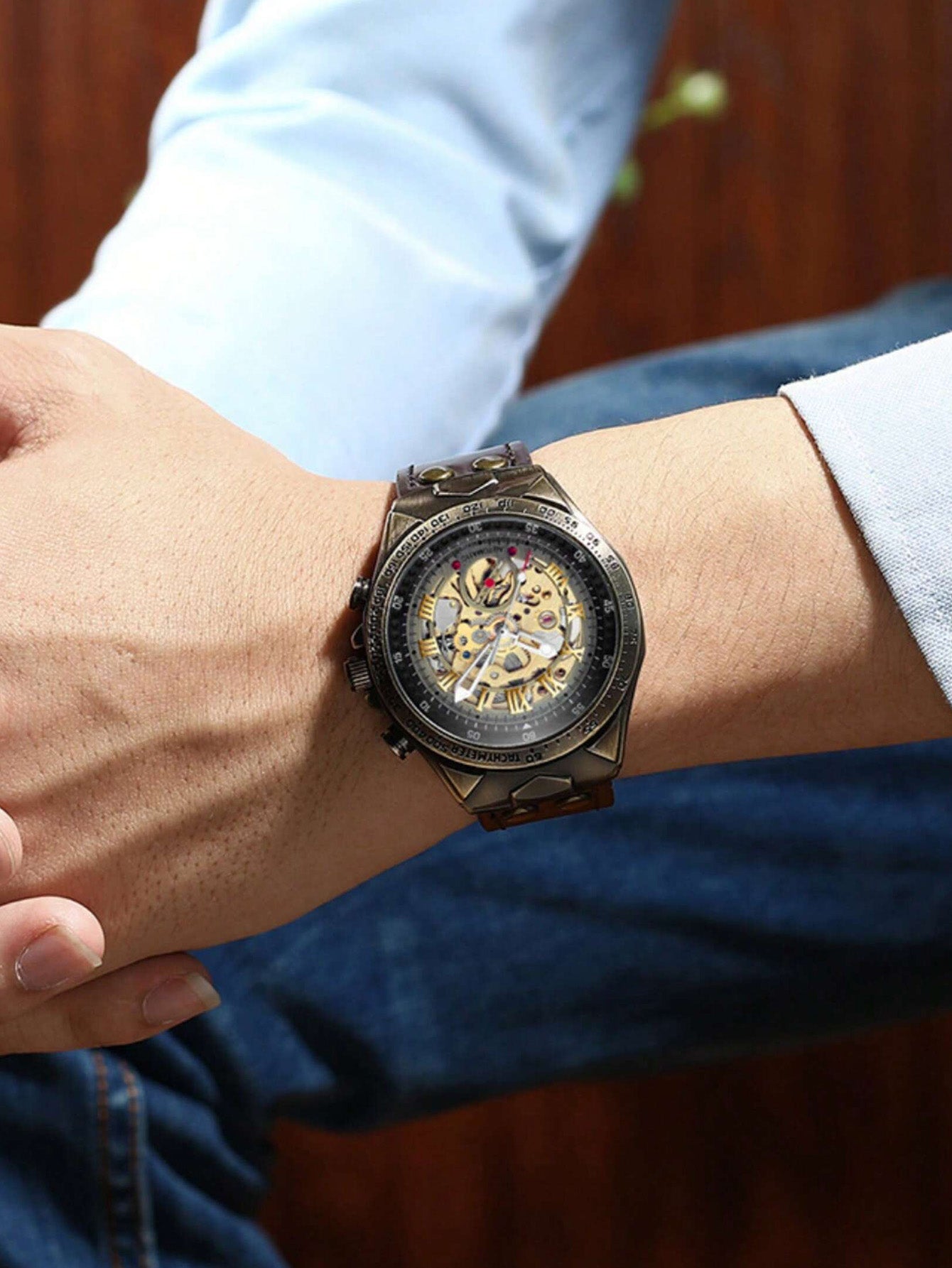 Relógio Masculino Automático Skeleton Com Pulseira Em Couro Vintage