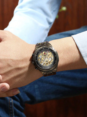 Relógio Masculino Automático Skeleton Com Pulseira Em Couro Vintage