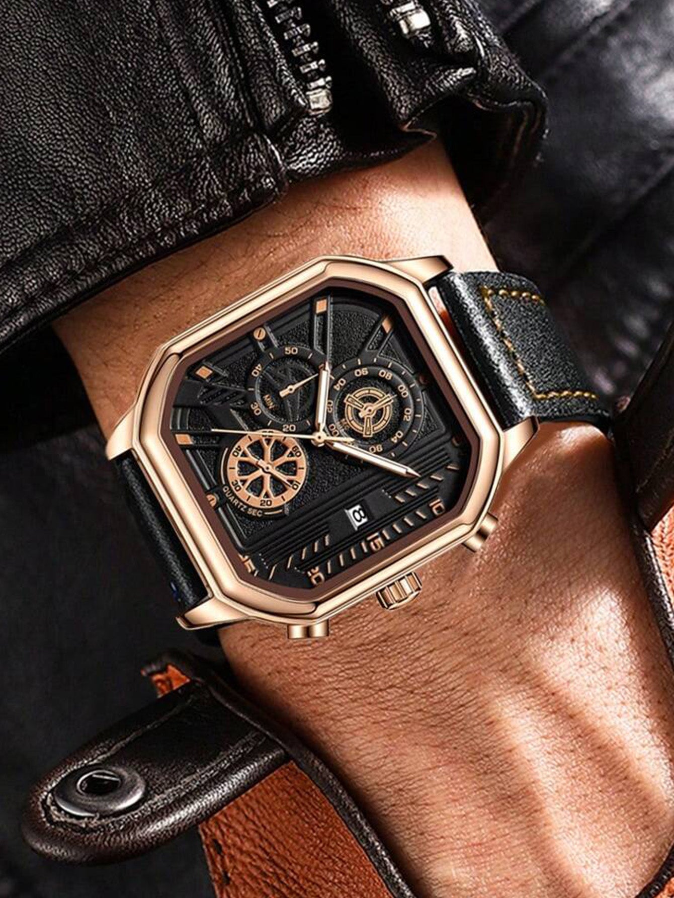 Relógio Dourado Caixa Octogonal Cronógrafo Luxo