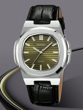 Relógio Prata Caixa Octogonal Mostrador Texturizado Elegante